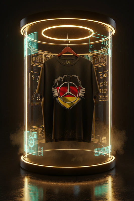 Car Lover Tee — Torn Chest Mercedes Emblem & Yellow Sports Car Graphic