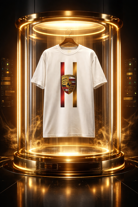 Porsche Shield Vertical Stripe T-Shirt — Automotive Racing Tee