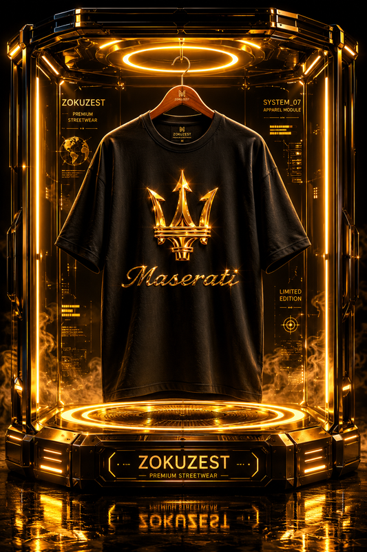 Maserati Gold Logo Tee - Luxury Car Emblem T-Shirt